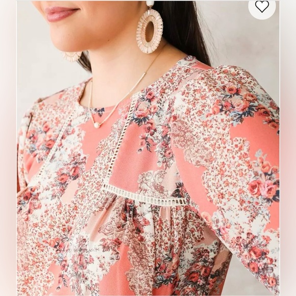 NWT Willow & Root Floral Boho Blouse SZ Large Pink Long Sleeve Peasant Top - Picture 5 of 5